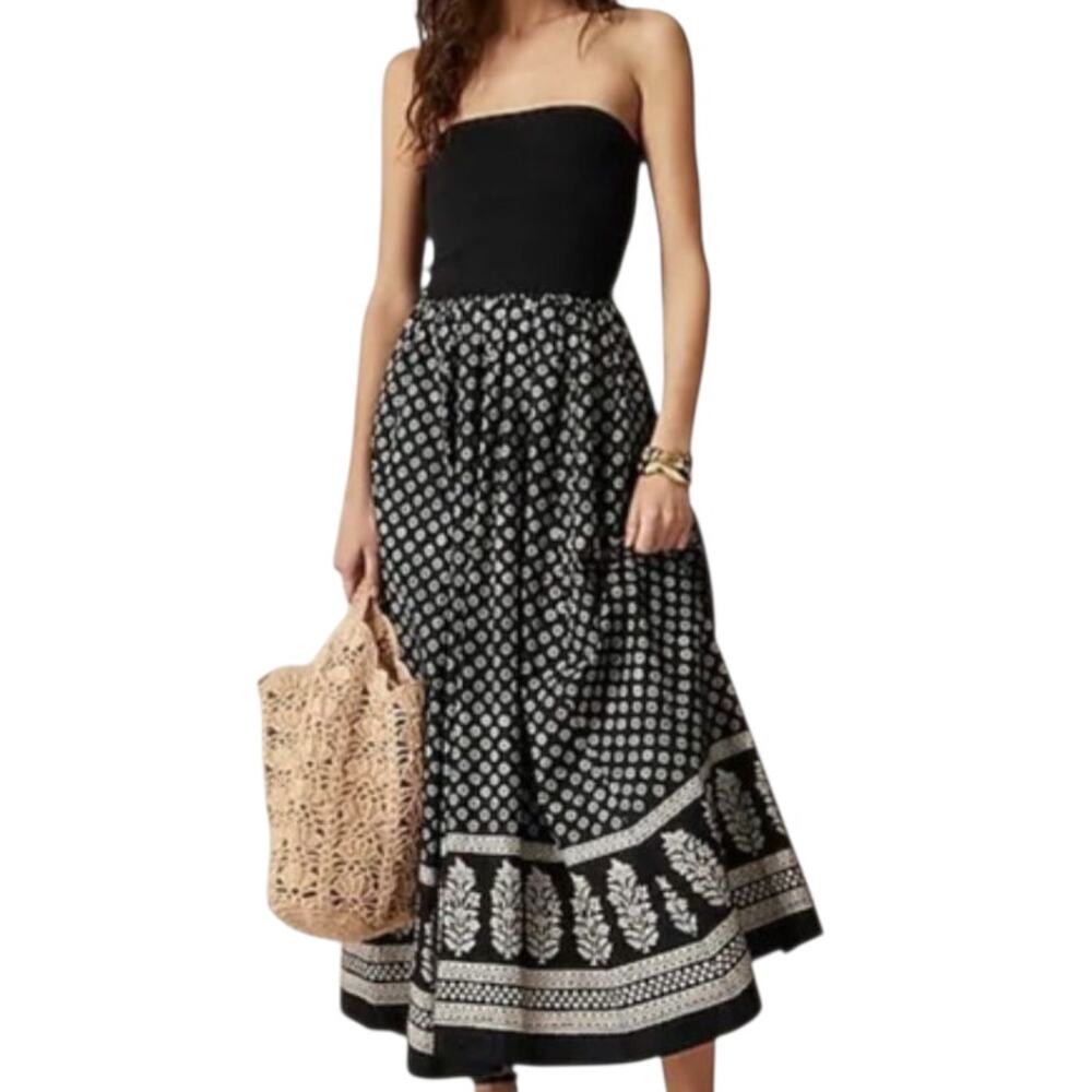J. Crew Black Strapless Midi Dress with White Print